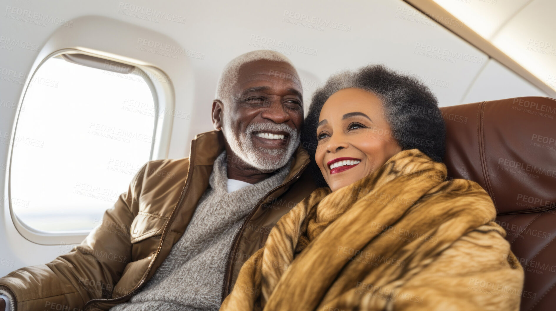 Buy stock photo Mature couple on first class private jet. Luxury vacation travel concept.