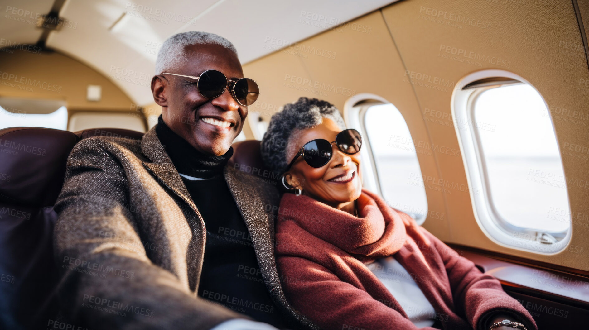 Buy stock photo Mature couple on first class private jet. Luxury vacation travel concept.