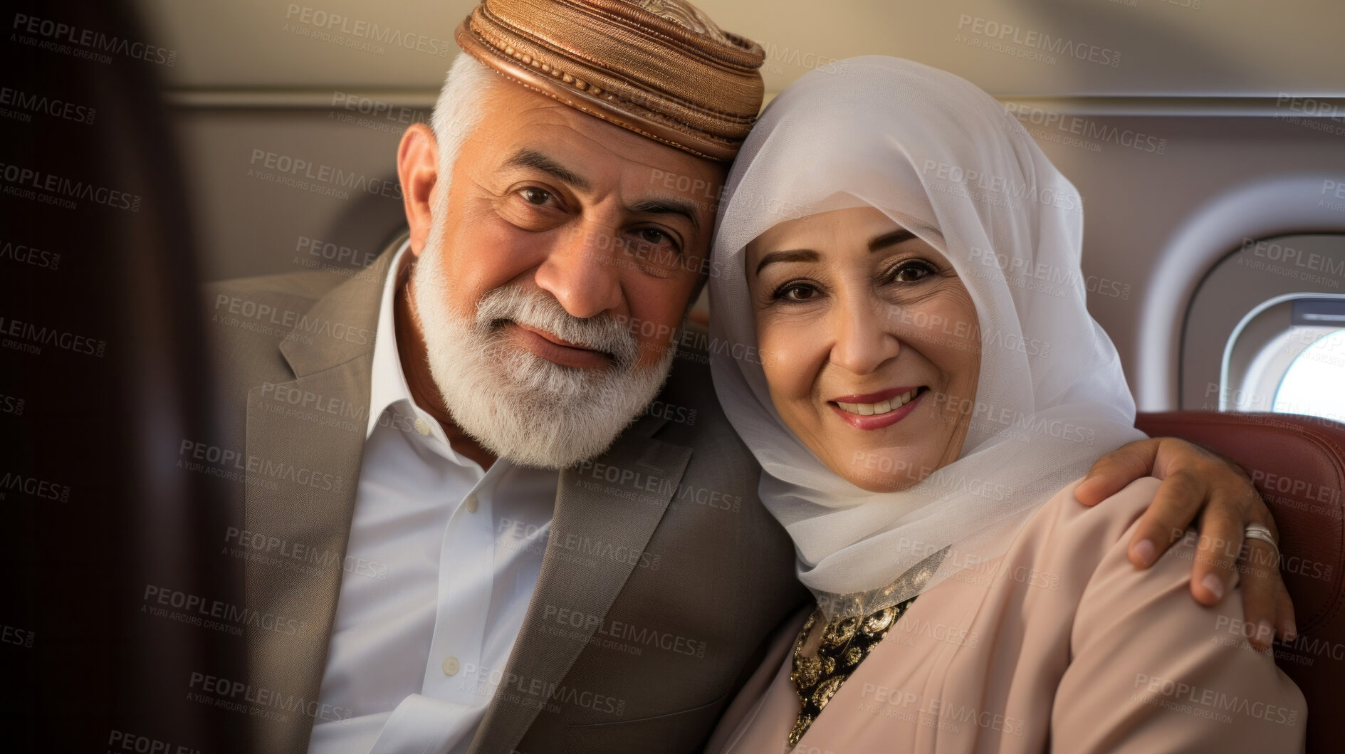 Buy stock photo Mature couple on first class private jet. Luxury vacation travel concept.