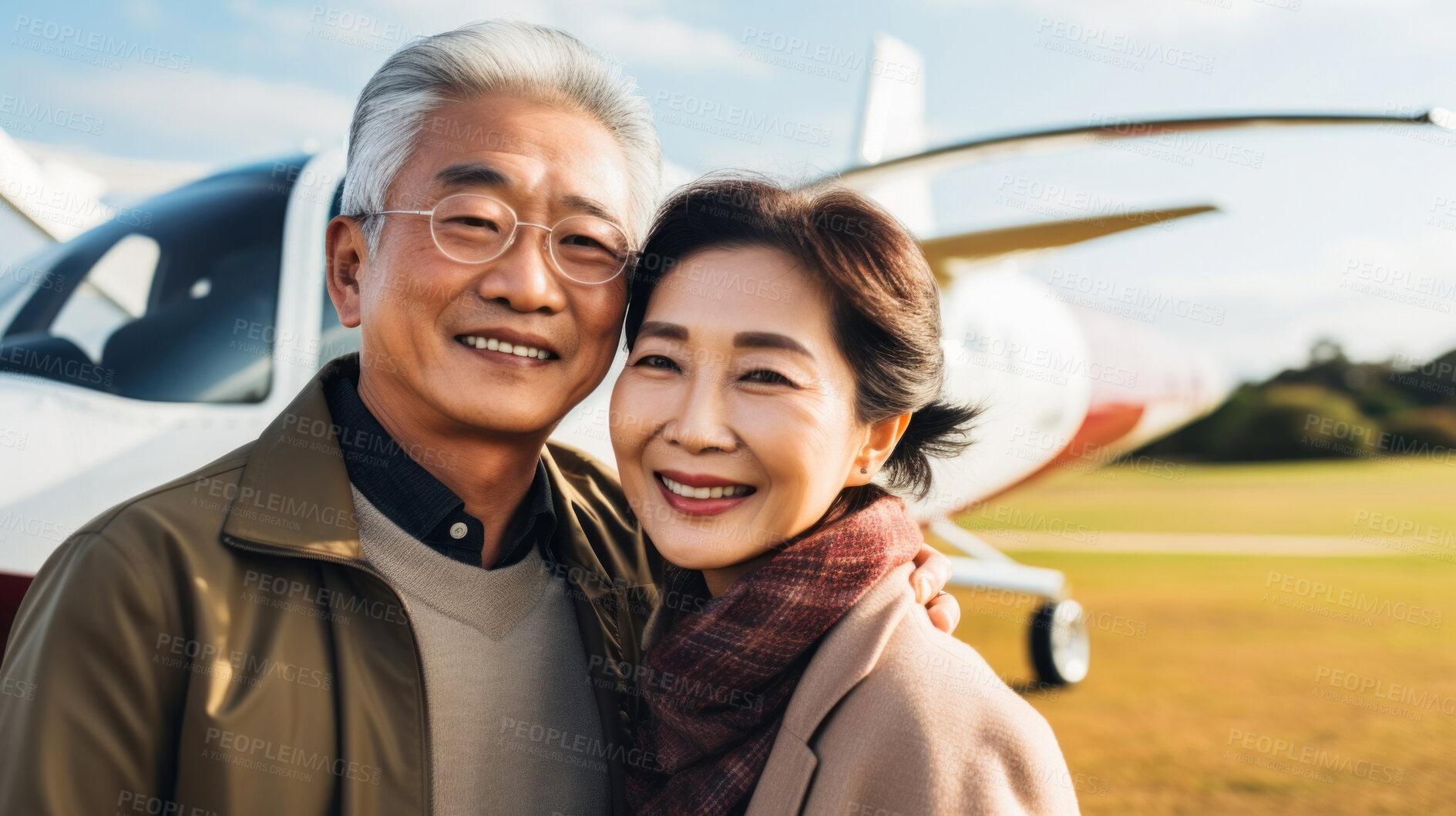 Buy stock photo Mature couple by first class private jet. Luxury vacation travel concept.