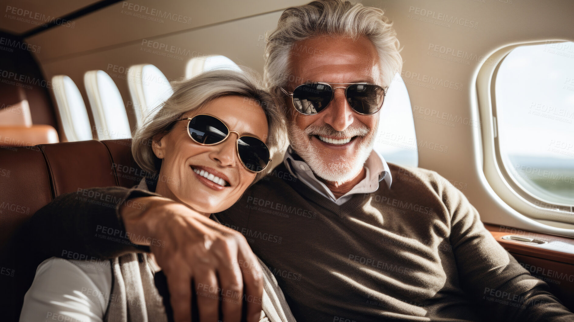 Buy stock photo Mature couple on first class private jet. Luxury vacation travel concept.