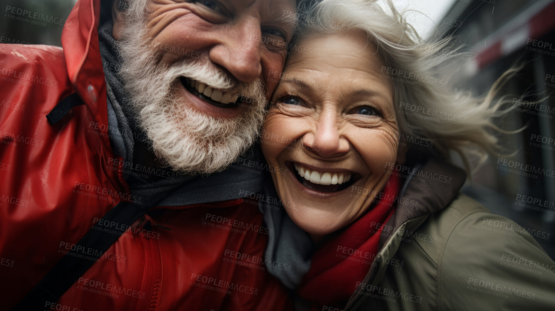 Buy stock photo Romantic married retired senior couple. Fun travel explore activity