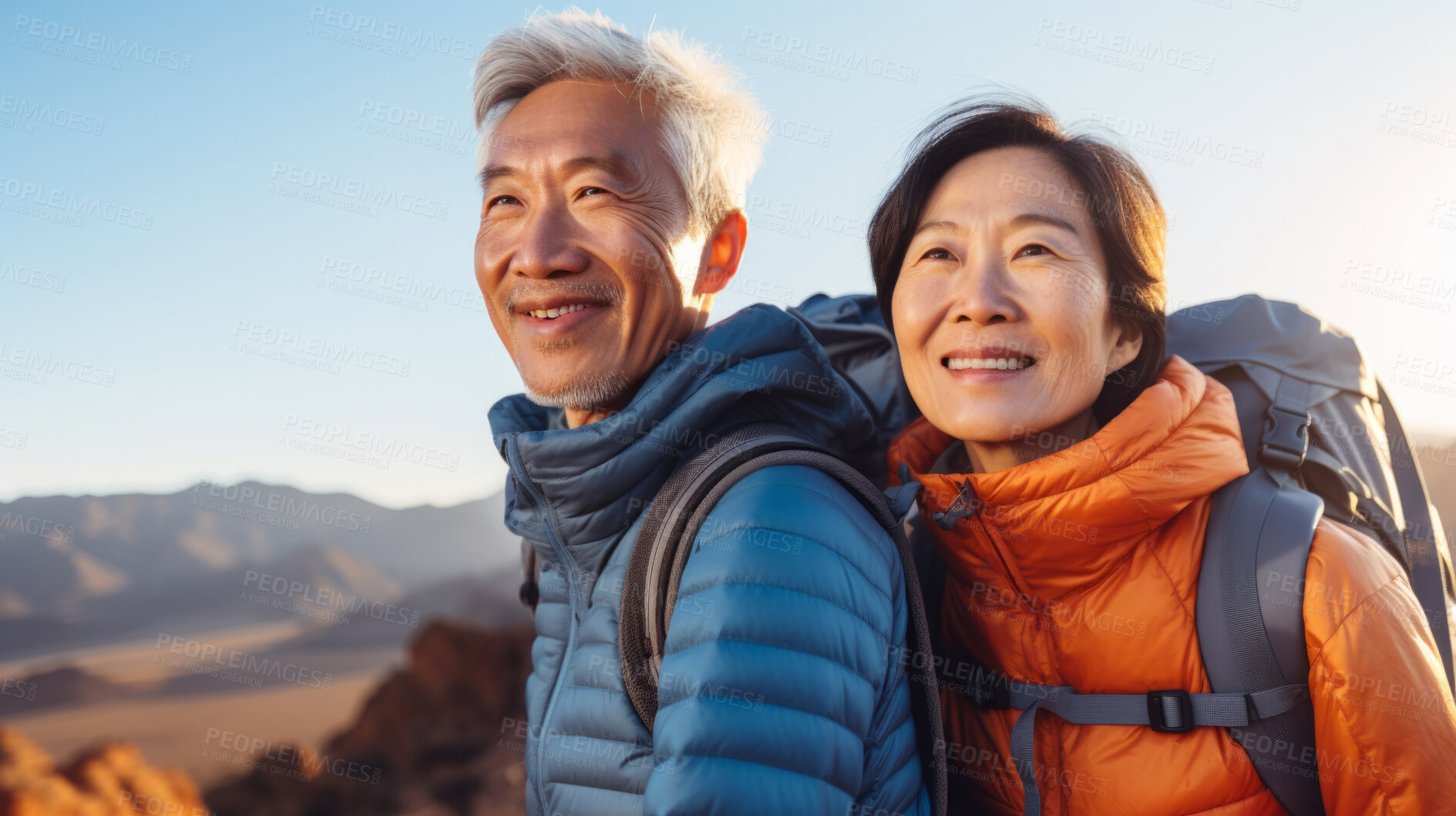 Buy stock photo Senior couple hiking travel lifestyle. Healthy active retirement on vacation