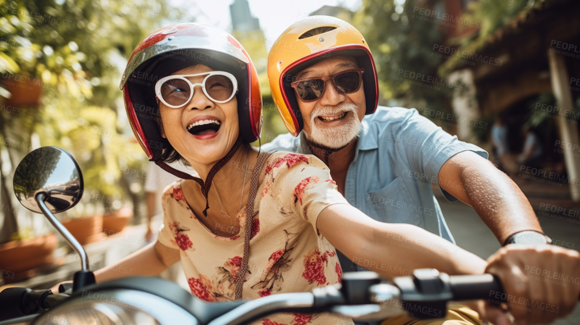 Buy stock photo Happy retired senior couple on scooter. Fun travel explore activity