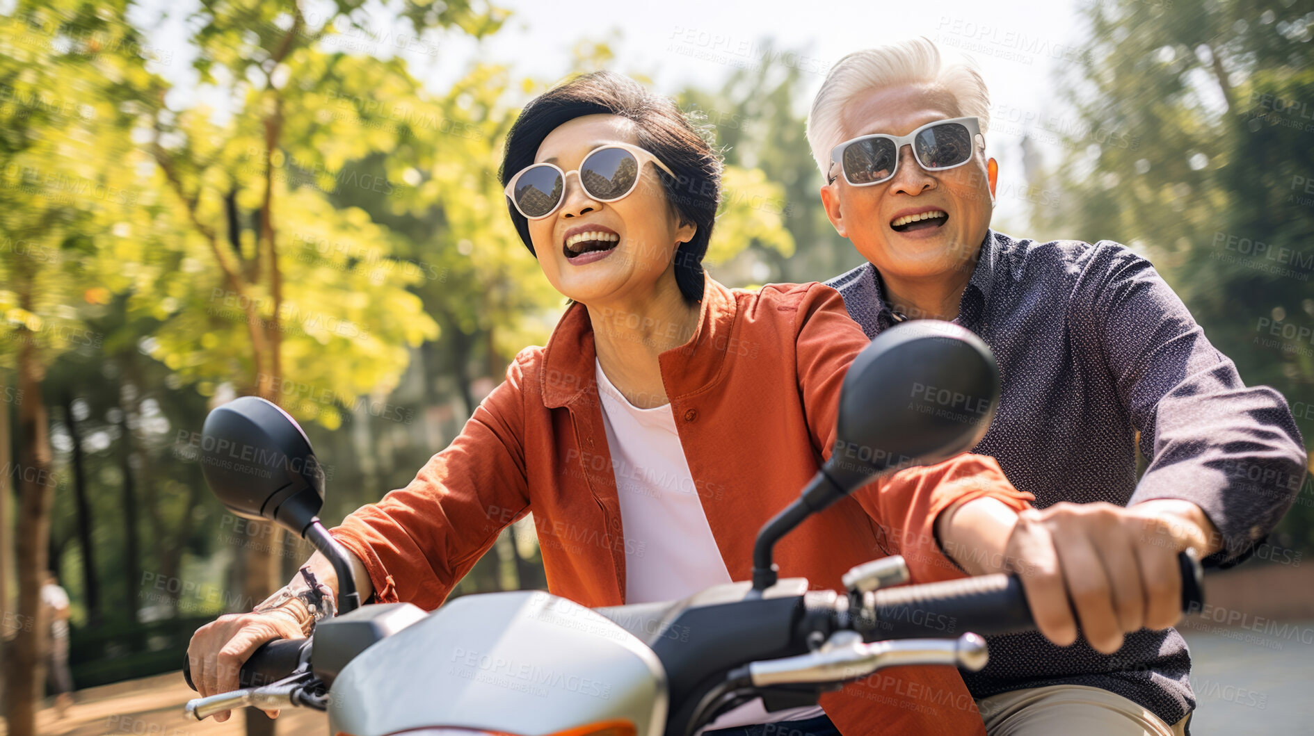 Buy stock photo Happy retired senior couple on scooter. Fun travel explore activity