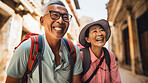 Happy retired senior couple in city. Fun travel explore activity