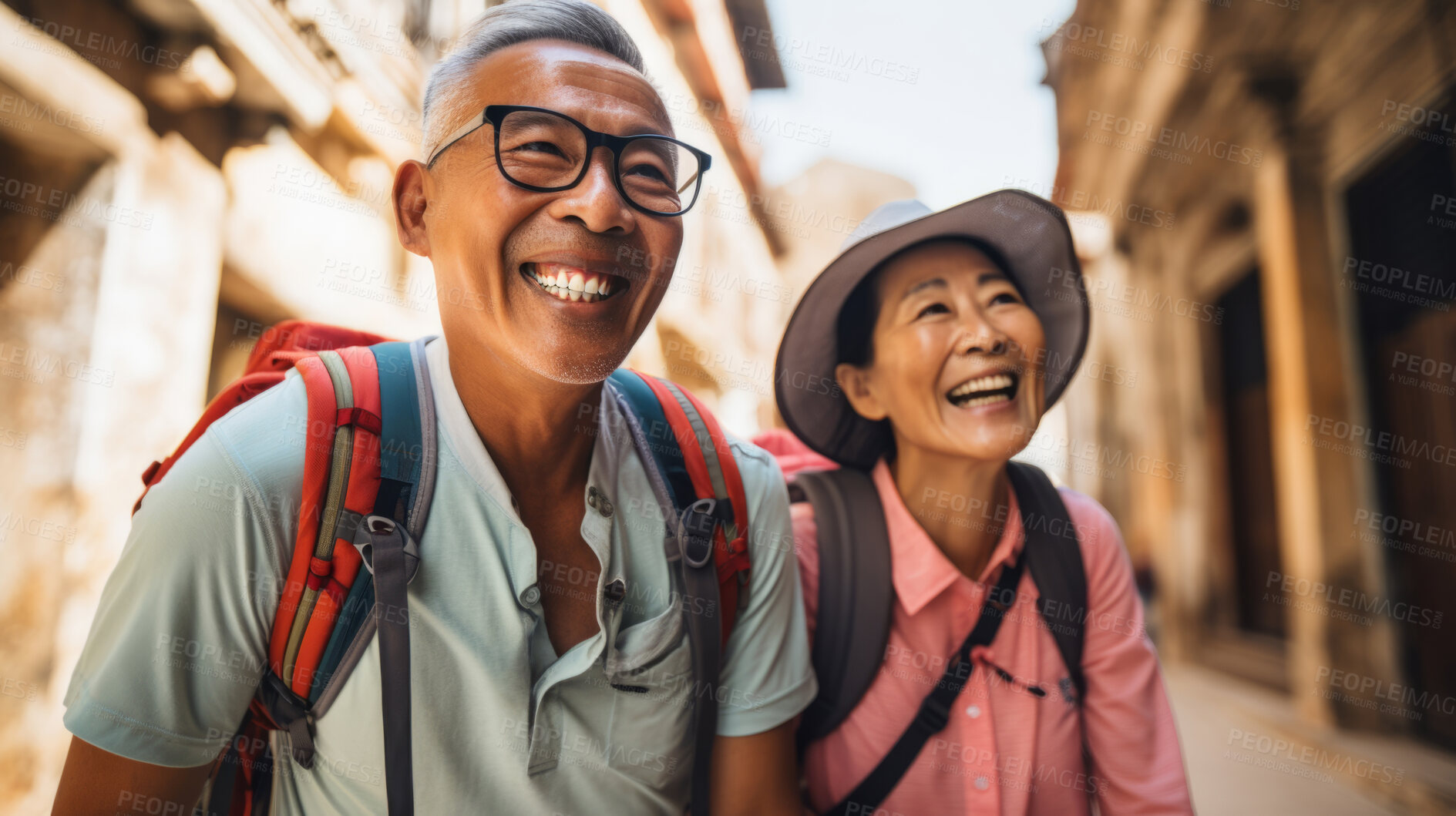 Buy stock photo Happy retired senior couple in city. Fun travel explore activity