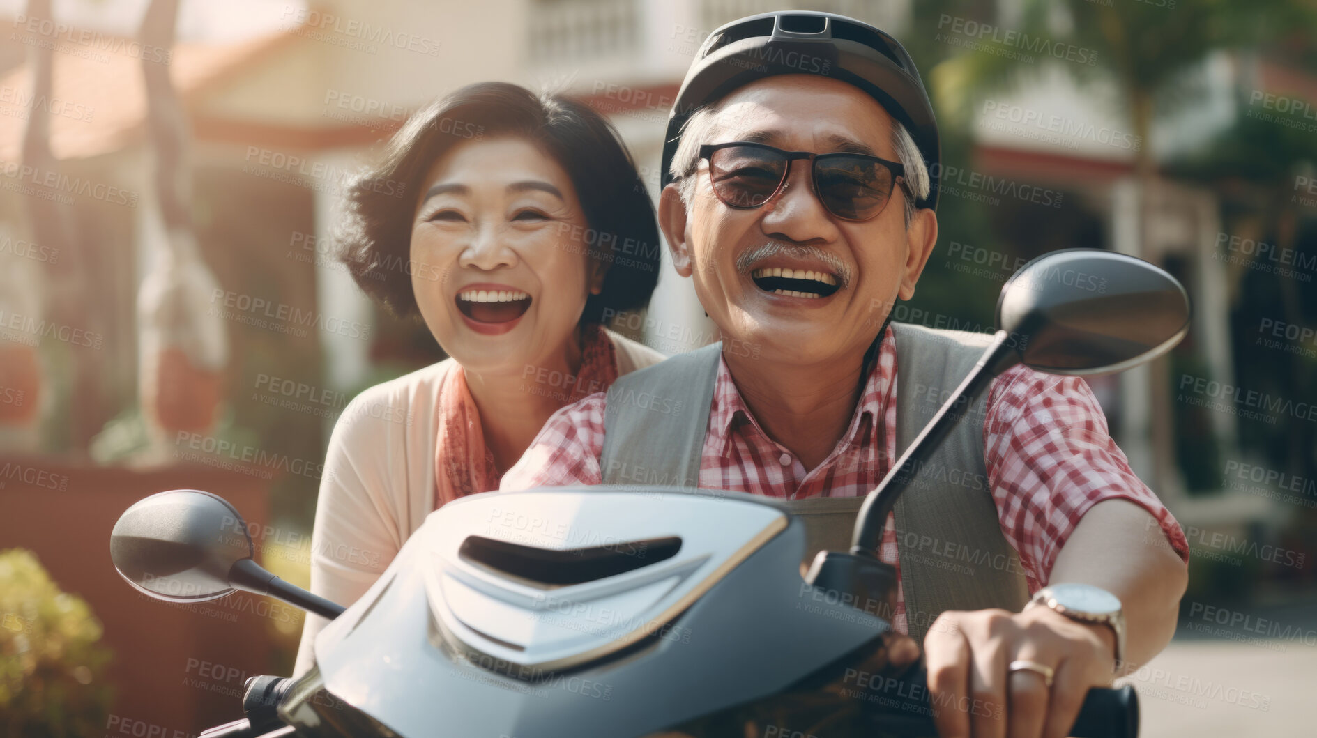 Buy stock photo Happy retired senior couple on scooter. Fun travel explore activity