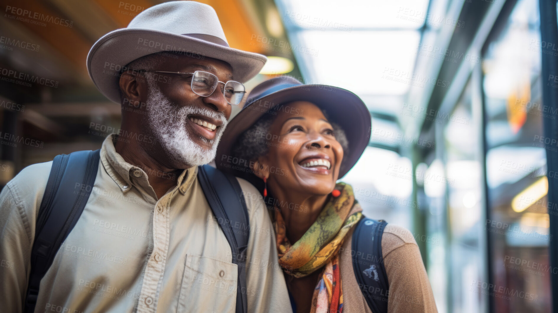 Buy stock photo Happy retired senior couple in city. Fun travel explore activity