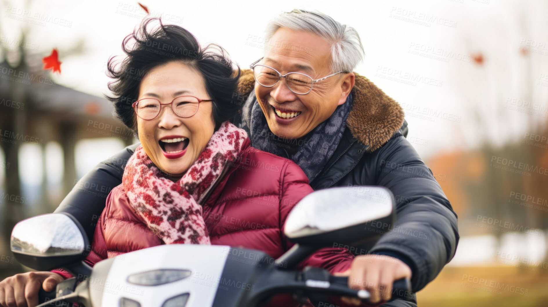 Buy stock photo Happy retired senior couple on scooter. Fun travel explore activity