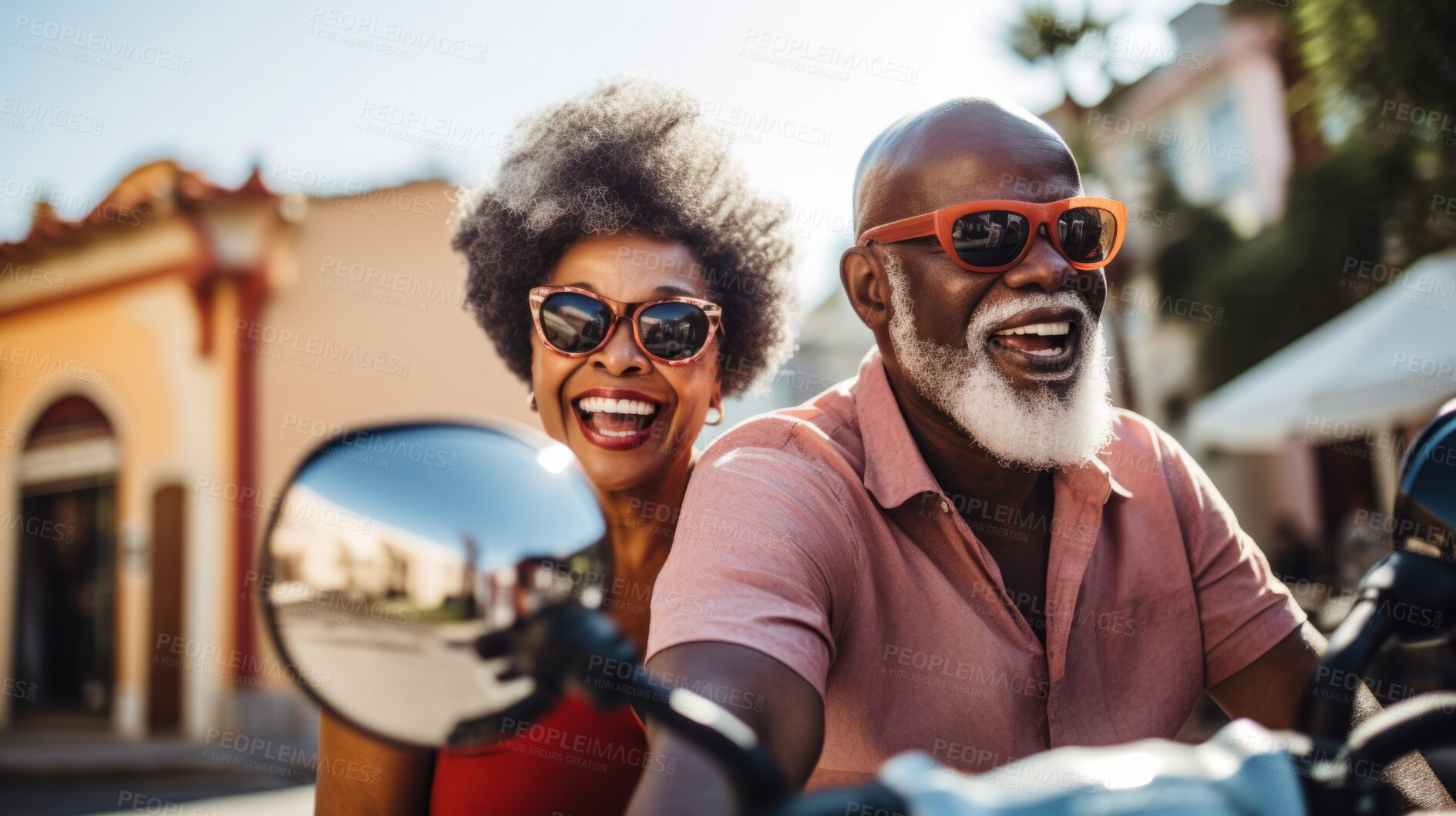 Buy stock photo Happy retired senior couple on scooter. Fun travel explore activity