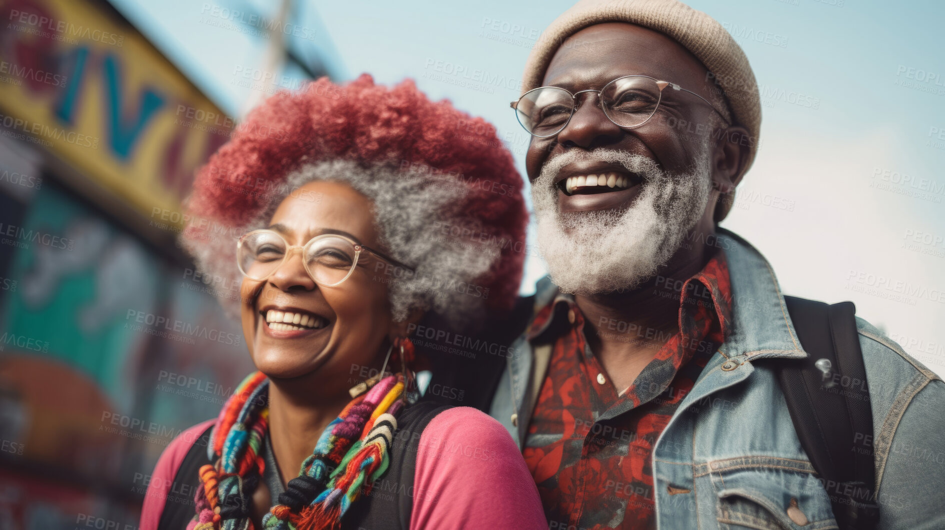 Buy stock photo Happy retired senior couple in city. Fun travel explore activity