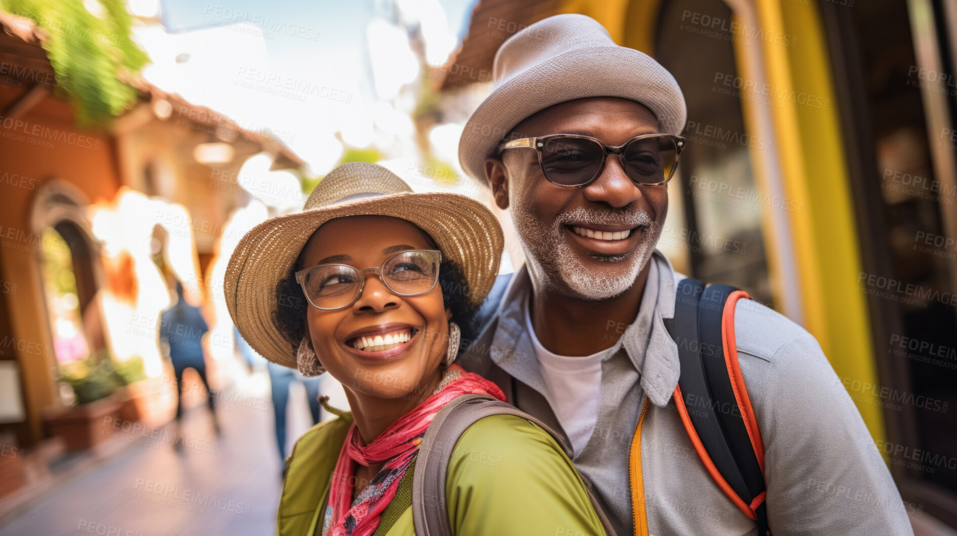 Buy stock photo Happy retired senior couple in city. Fun travel explore activity