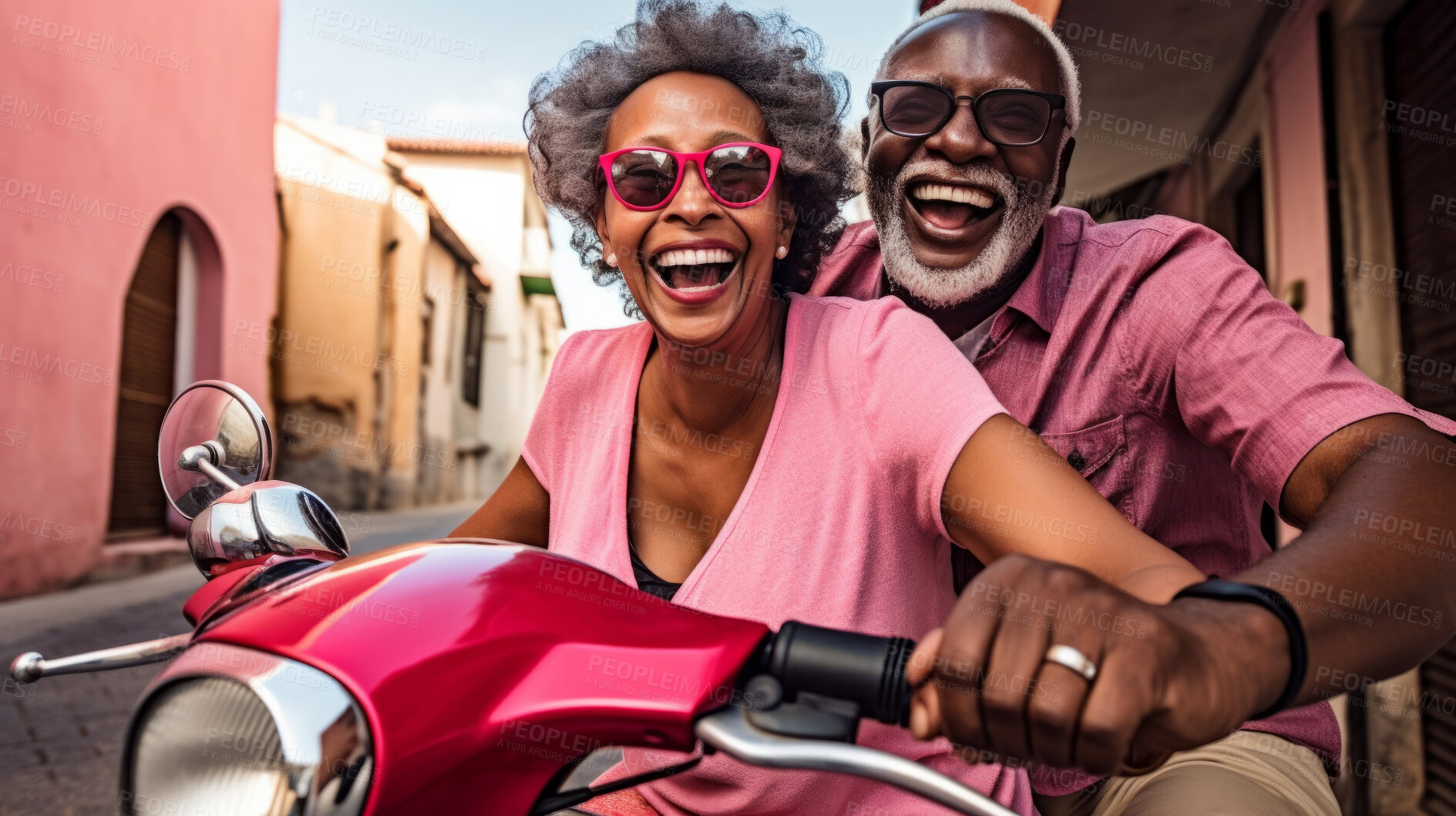 Buy stock photo Happy retired senior couple on scooter. Fun travel explore activity