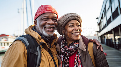 Happy retired senior couple in city. Fun travel explore activity