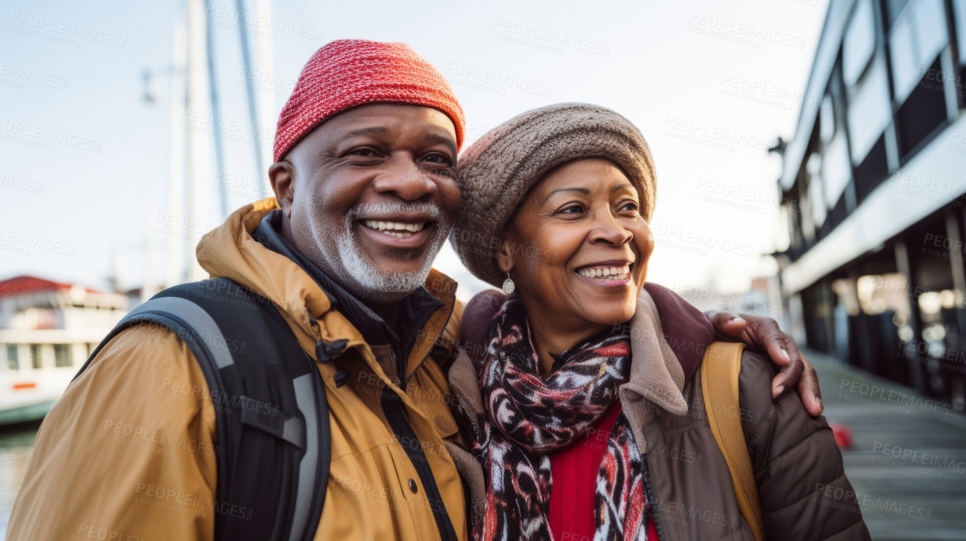 Buy stock photo Happy retired senior couple in city. Fun travel explore activity