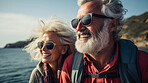 Senior couple hiking travel lifestyle. Healthy active retirement on vacation