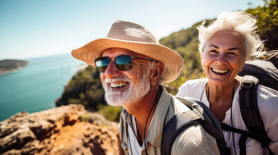 Buy stock photo Senior couple hiking travel lifestyle. Healthy active retirement on vacation