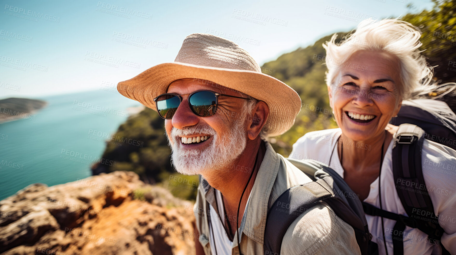 Buy stock photo Senior couple hiking travel lifestyle. Healthy active retirement on vacation