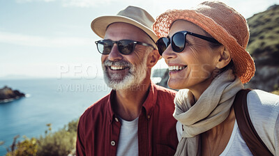 Buy stock photo Senior couple hiking travel lifestyle. Healthy active retirement on vacation