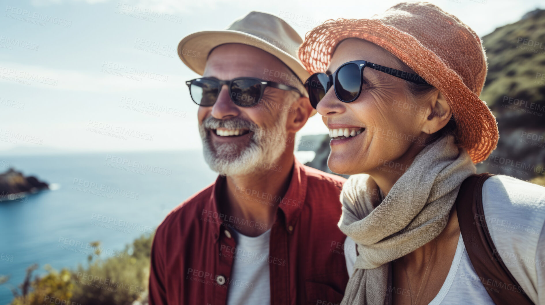 Buy stock photo Senior couple hiking travel lifestyle. Healthy active retirement on vacation