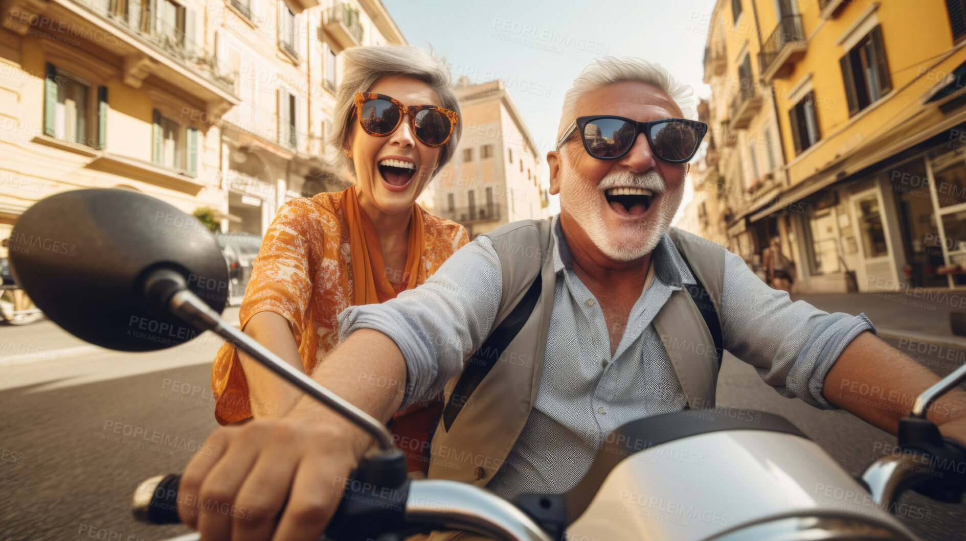 Buy stock photo Happy retired senior couple on scooter. Fun travel explore activity