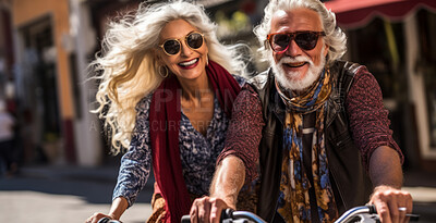 Happy retired senior couple on bicycle. Fun travel explore activity