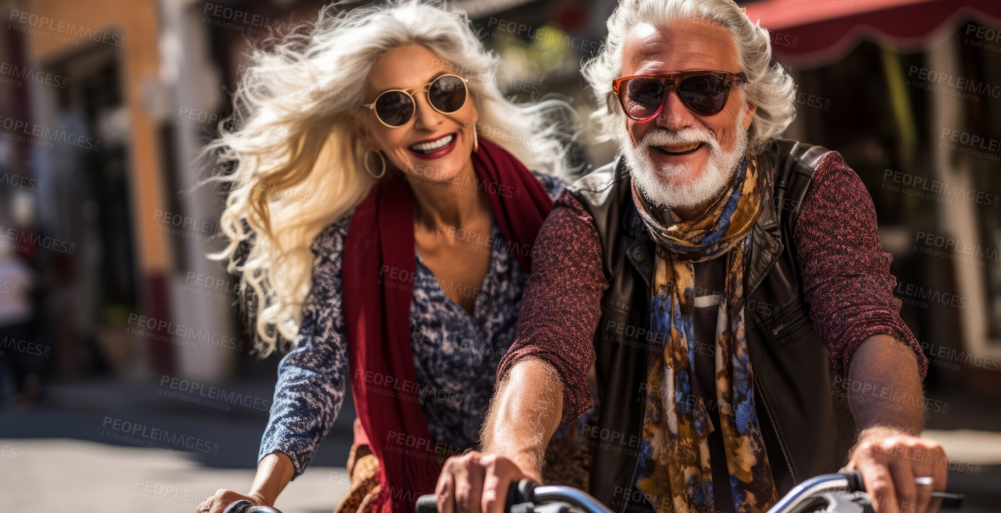 Buy stock photo Happy retired senior couple on bicycle. Fun travel explore activity