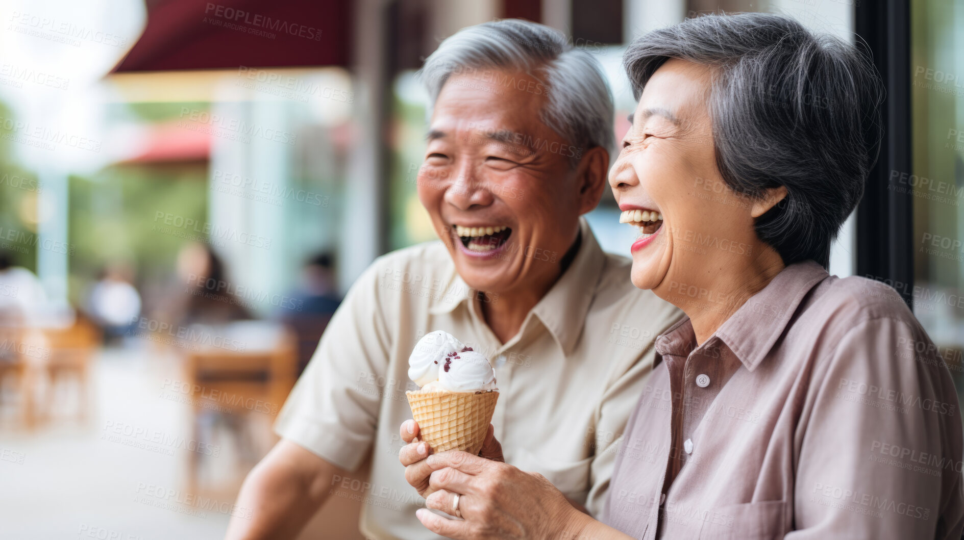 Buy stock photo Happy retired senior couple with icecream in city. Fun travel activity