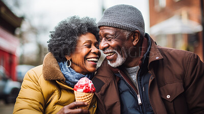 Buy stock photo Happy retired senior couple with icecream in city. Fun travel activity