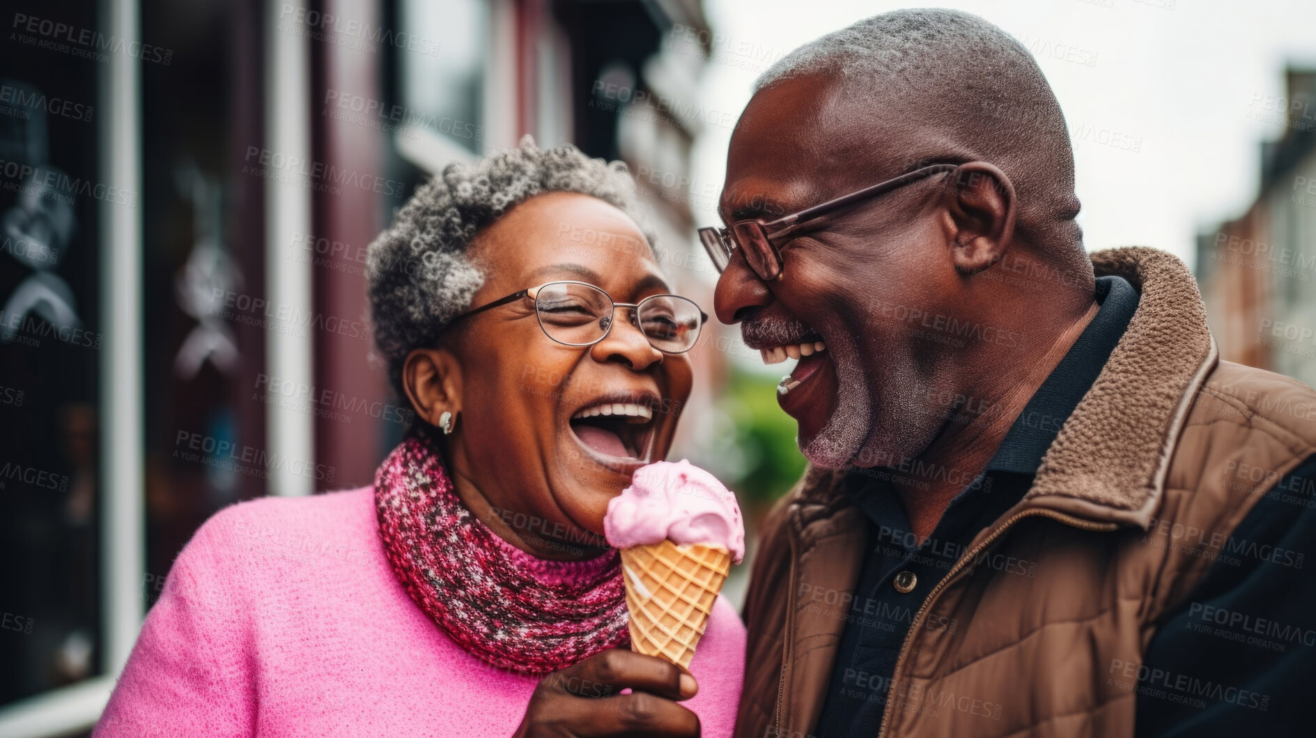 Buy stock photo Happy retired senior couple with icecream in city. Fun travel activity