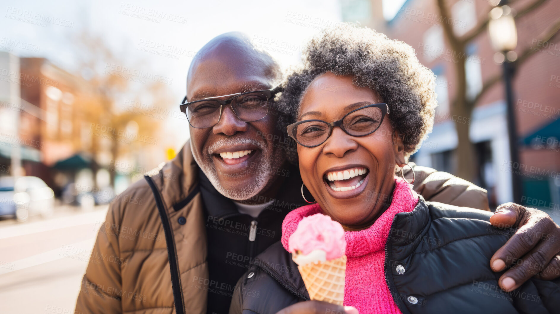 Buy stock photo Happy retired senior couple with icecream in city. Fun travel activity