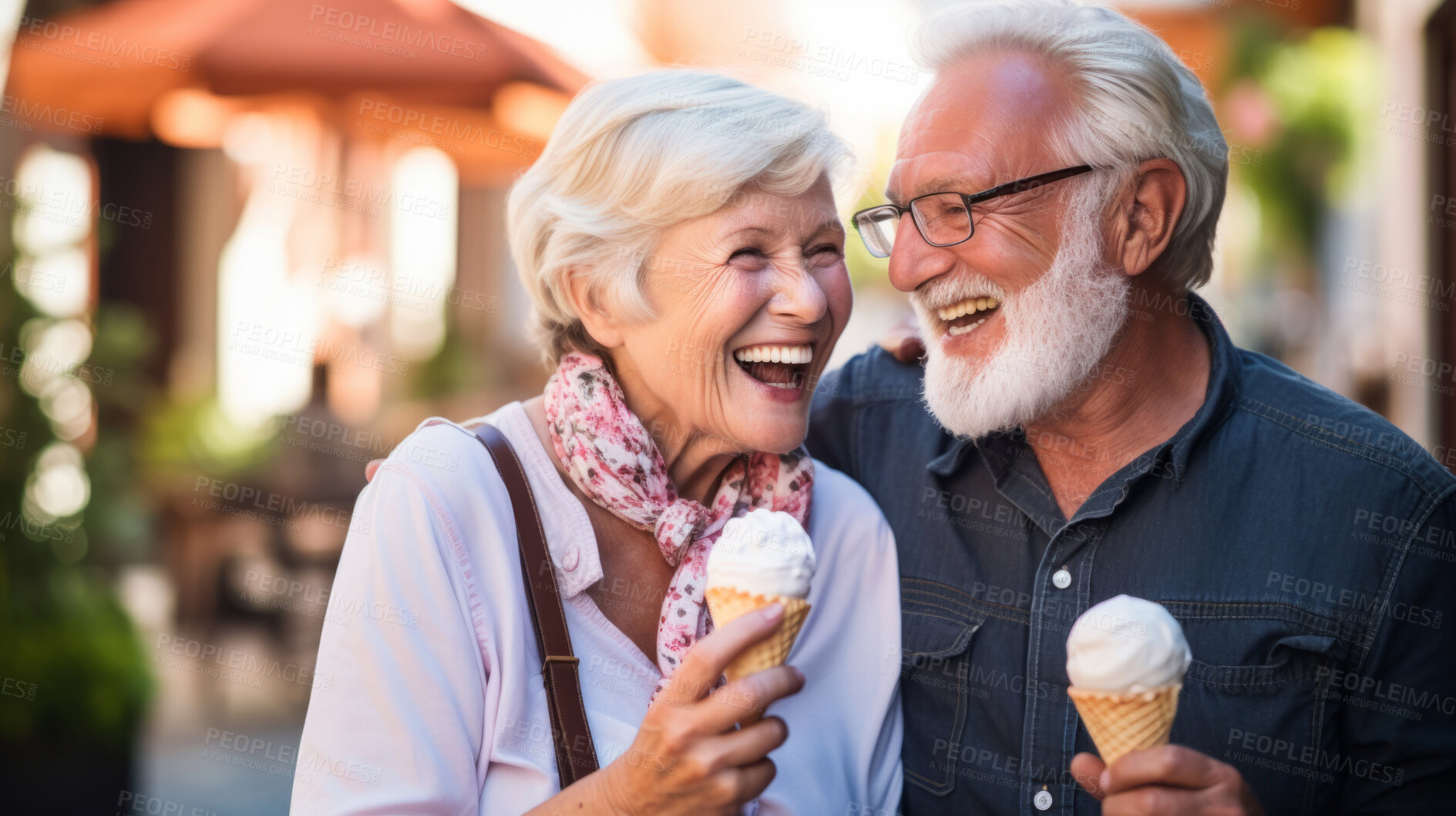 Buy stock photo Happy retired senior couple with icecream in city. Fun travel activity