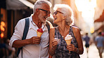 Happy retired senior couple with icecream in city. Fun travel activity