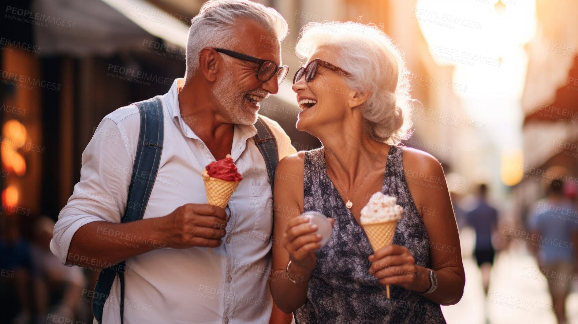 Buy stock photo Happy retired senior couple with icecream in city. Fun travel activity