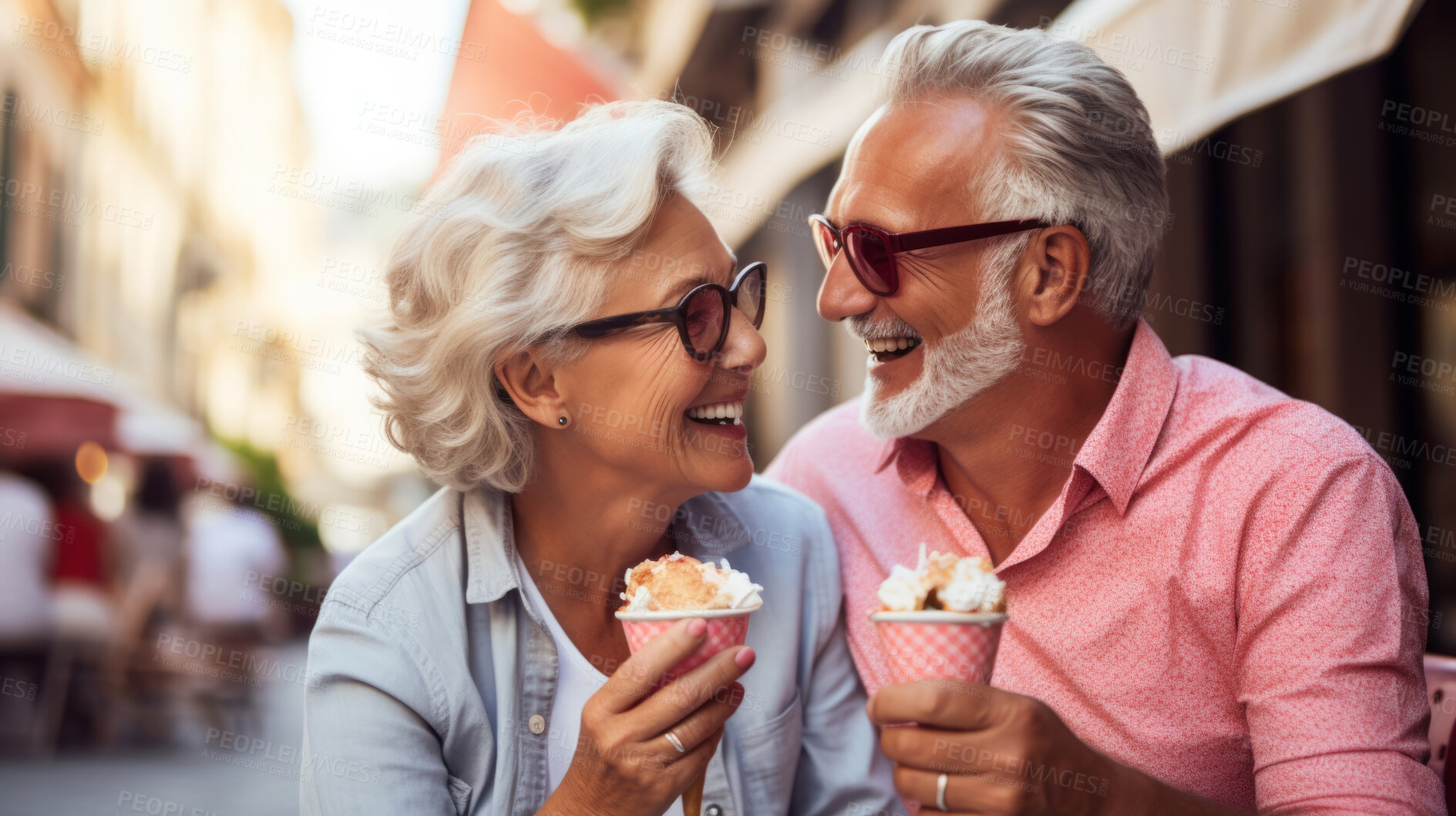 Buy stock photo Happy retired senior couple with icecream in city. Fun travel activity