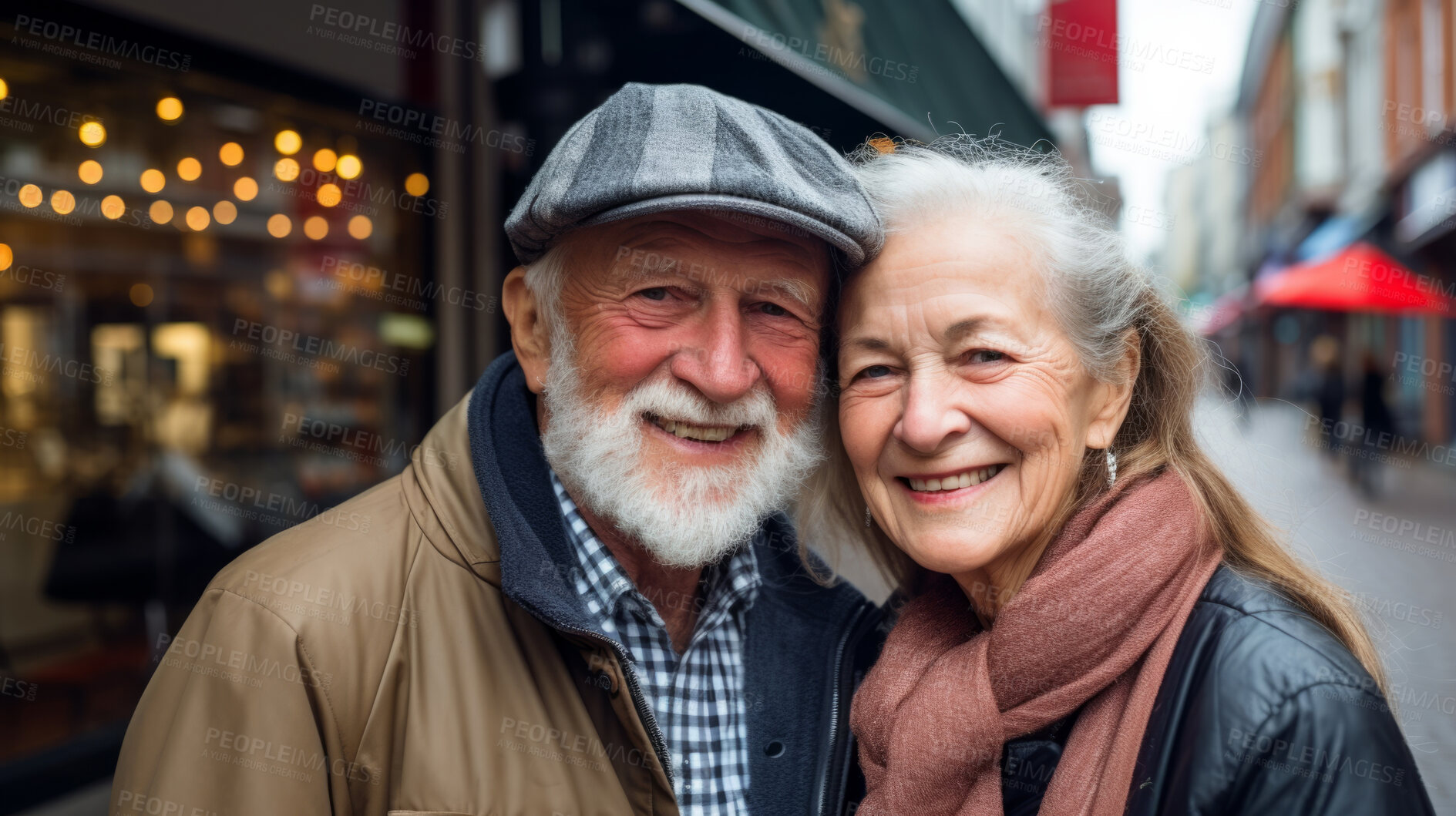 Buy stock photo Happy retired senior couple in city. Fun travel explore activity