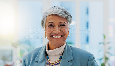 Face, happy and senior business woman, CEO or executive director smile for startup company success, growth or development. Portrait, happiness and professional person, boss or manager of design firm
