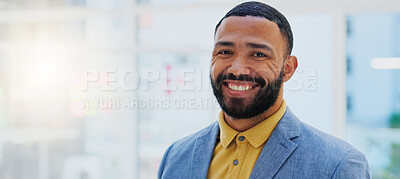 Face, happy and office business man, designer or creative agent smile for startup company success, growth or brand. Portrait, happiness and professional person, consultant or employee of design firm