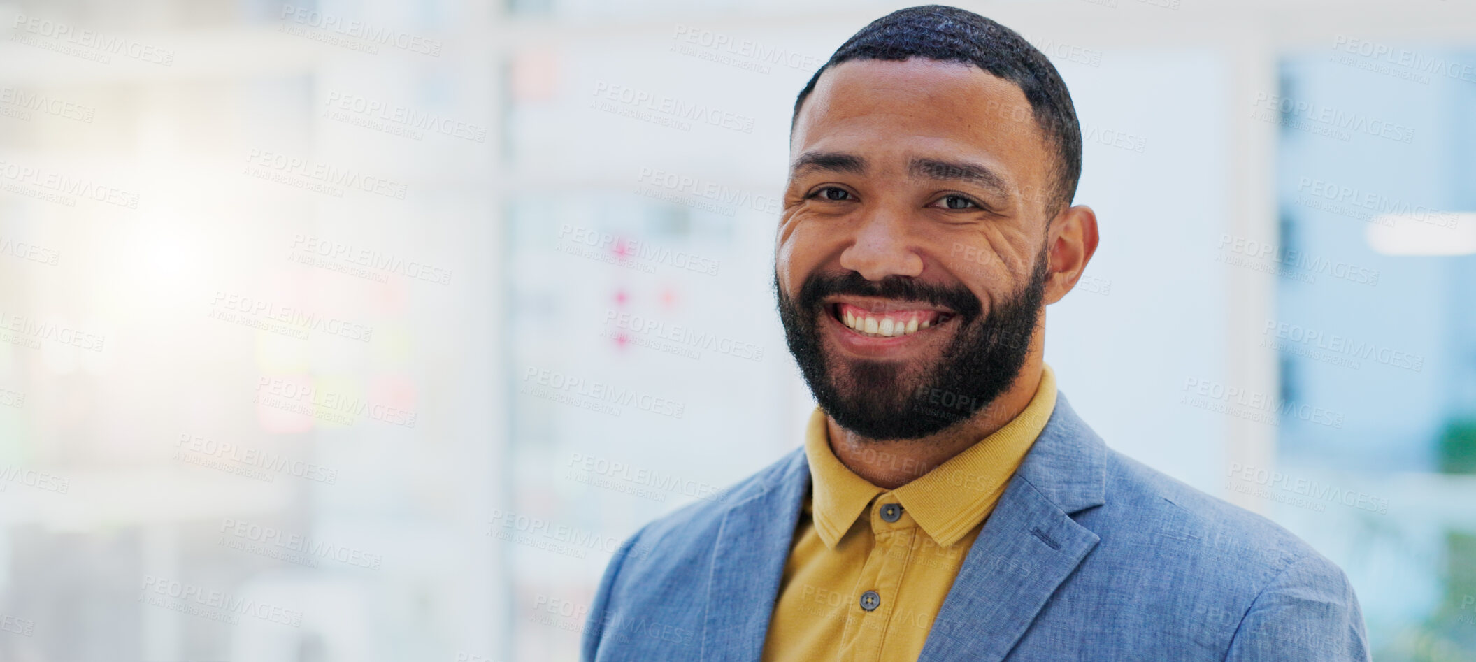 Buy stock photo Face, happy and office business man, designer or creative agent smile for startup company success, growth or brand. Portrait, happiness and professional person, consultant or employee of design firm