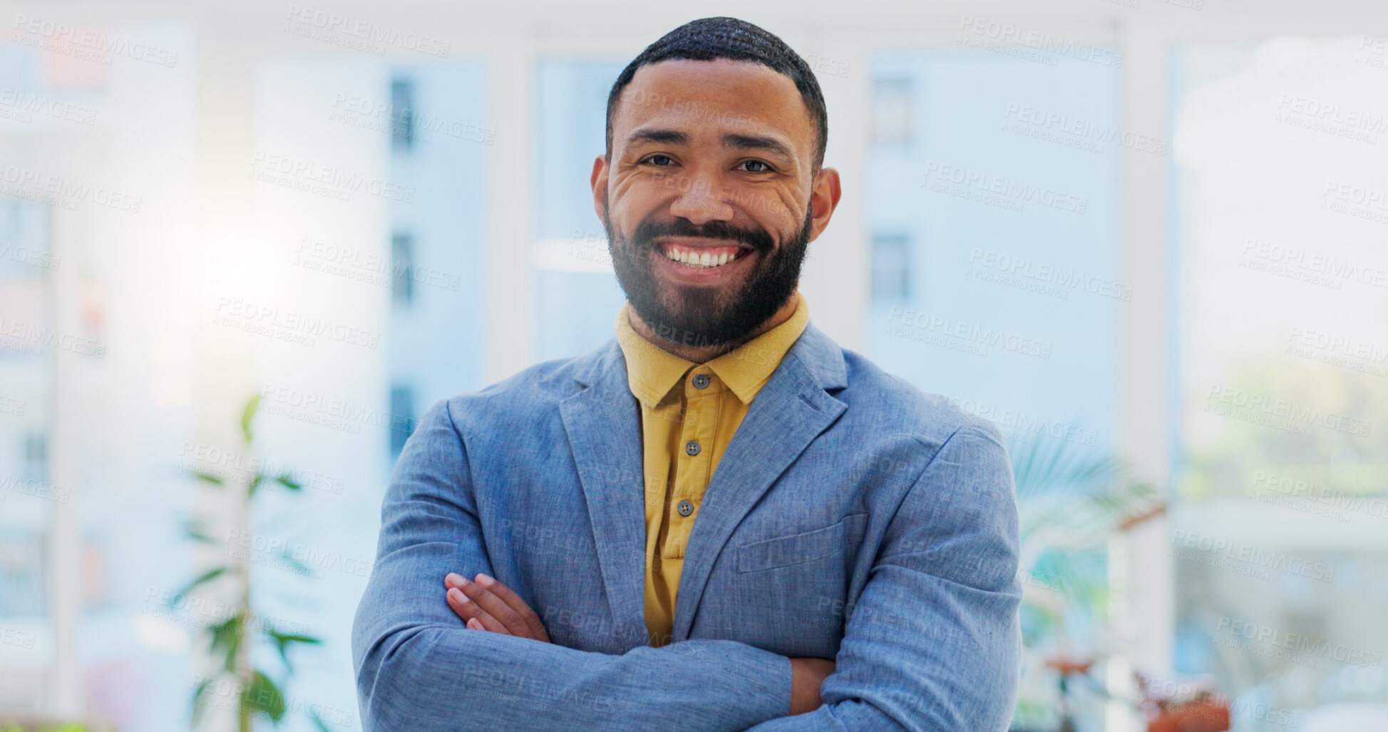 Buy stock photo Face, arms crossed and happy business man, confident designer or creative agent smile for startup company success. Job portrait, mindset or professional person, consultant or manager of design agency