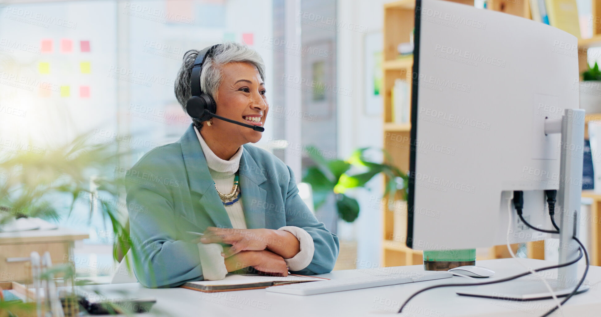 Buy stock photo Consultant, senior woman and talking with technology at office for customer service at help desk call center. Sales, telemarketing and mature employee with headphones at work for crm with technical support.