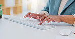 Computer keyboard, hands and business person typing online research report, project development plan or review. Feedback, communication and professional office employee working on media brand growth
