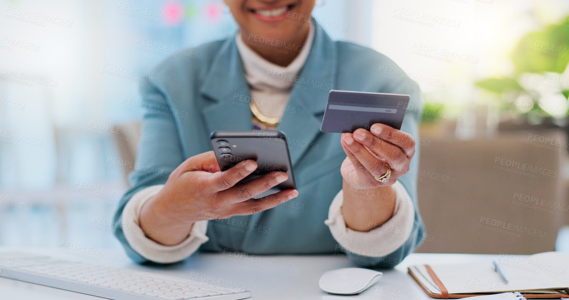 Buy stock photo Credit card, fintech and phone with hands of woman in office for payment, online shopping an investment. Ecommerce, savings and banking app with closeup of employee for business, website and finance