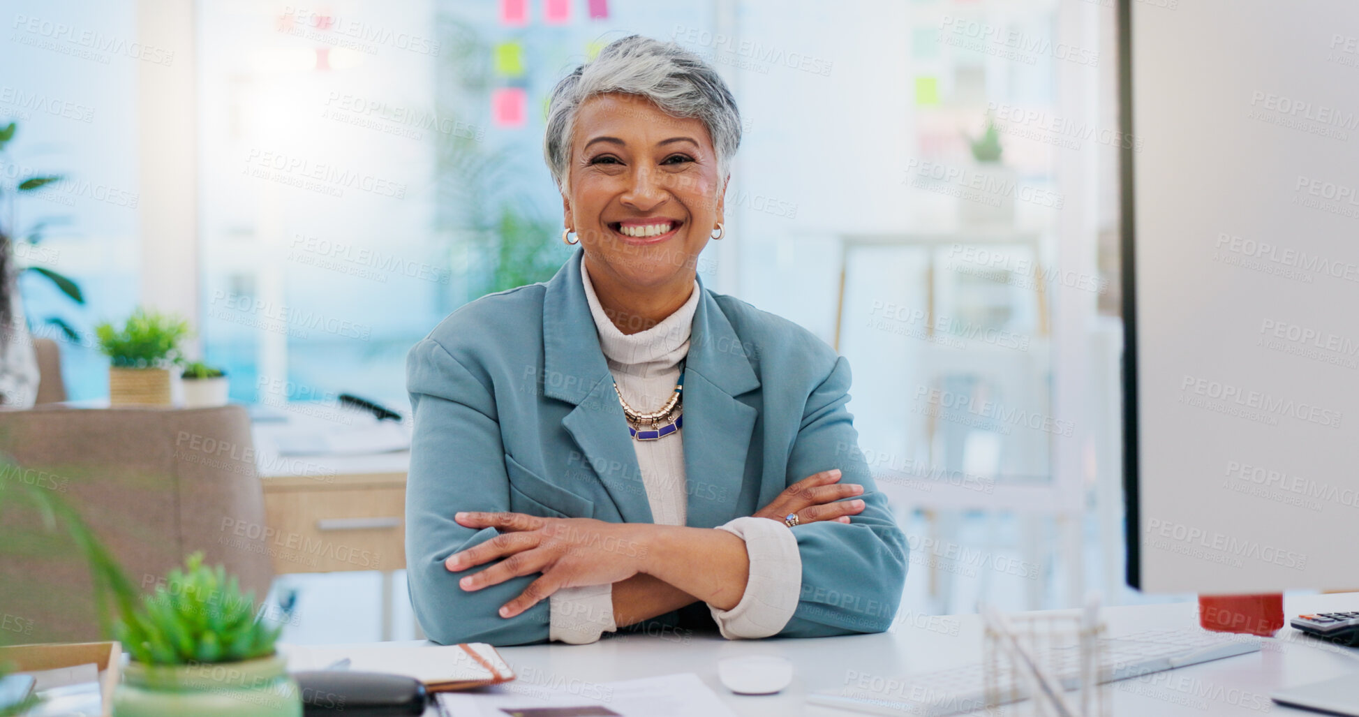 Buy stock photo Pride, smile and senior professional woman, business designer or executive manager happy for office career. Portrait, workplace and elderly person, creative design agent or leader happiness for job