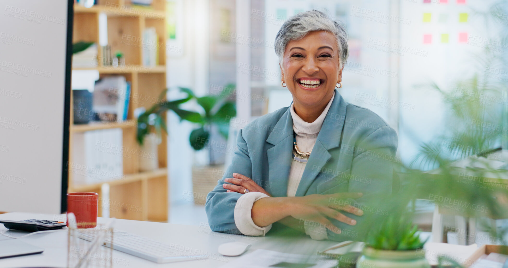 Buy stock photo Pride, happy and senior professional woman, business leader or executive director smile for entrepreneurship. Portrait, startup and elderly business person, boss or manager happiness for online brand