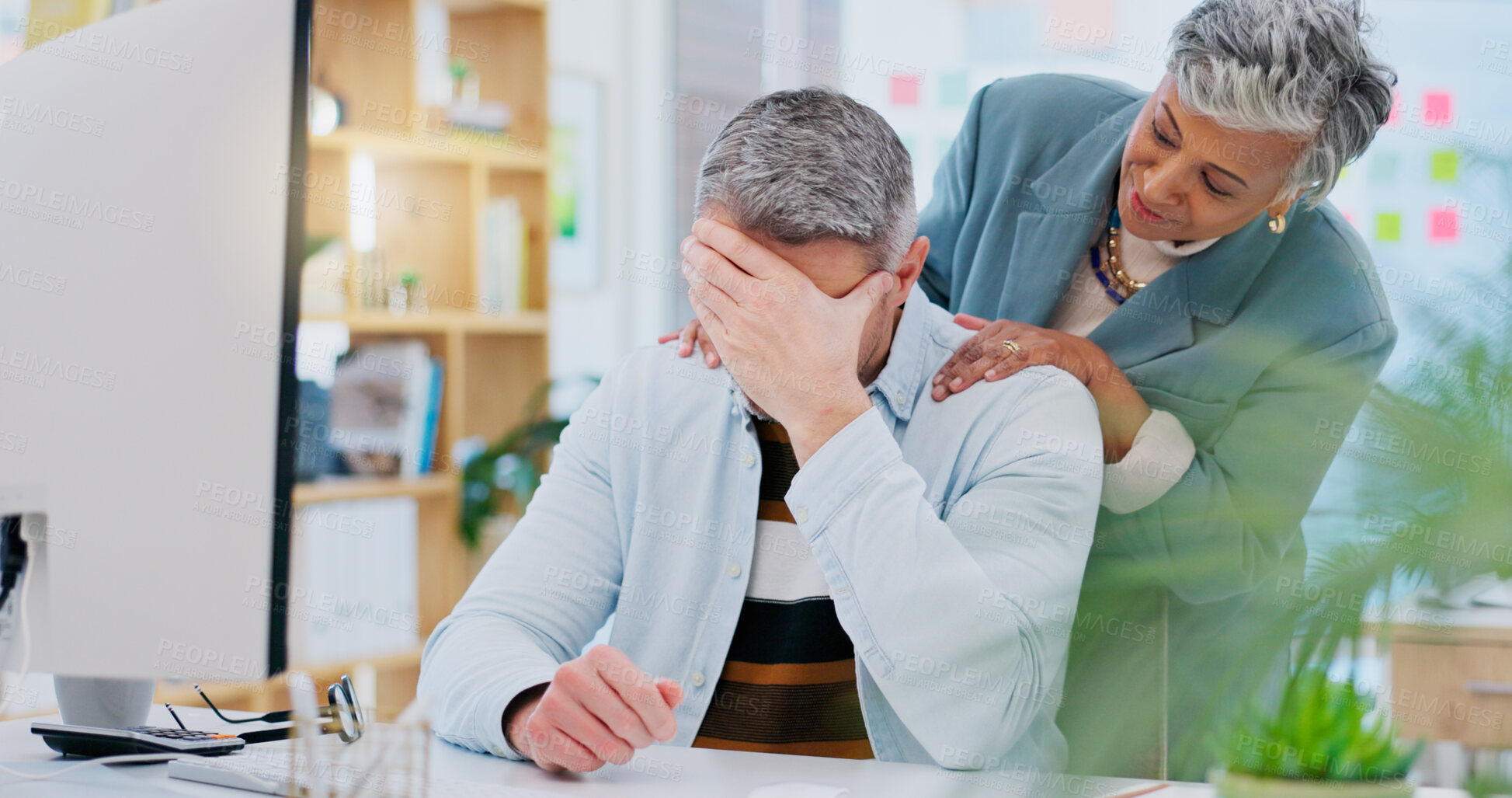 Buy stock photo Stress, businessman and woman console in office with support for depression, mental health and anxiety for work deadline. Debt, brain fog and manager with empathy for frustrated man with problem or crisis.