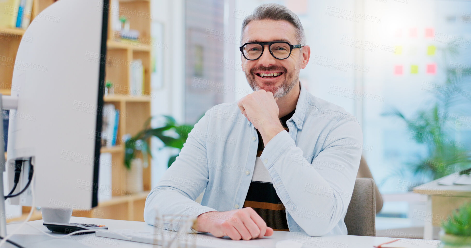 Buy stock photo Senior businessman, working on computer or portrait in office, startup business or person with success in career goals. Happy, mature man or entrepreneur or pride in work, mission or creative mindset