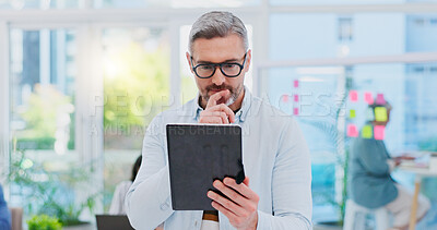 Tablet, business man and thinking with startup web design and internet search for digital planning. Male person, online page designer and idea for vision and leadership management with technology
