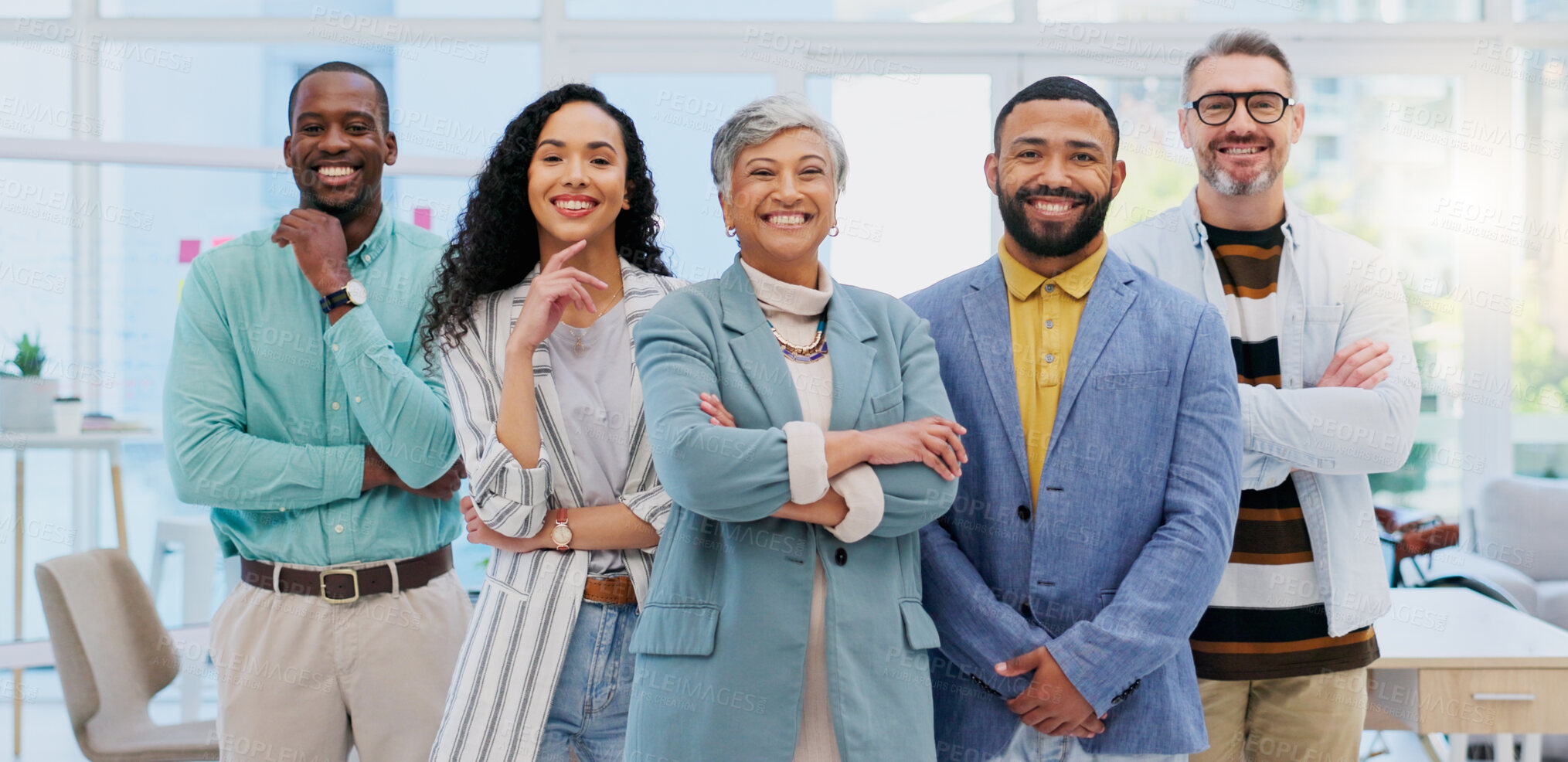 Buy stock photo Happy creative group, team and confidence in leadership, management or about us at the office. Portrait of confident employee people with smile standing together in teamwork for startup at workplace